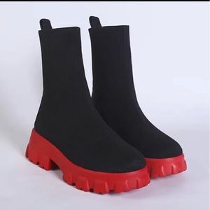 Red and black Slip On Knit sock Boots